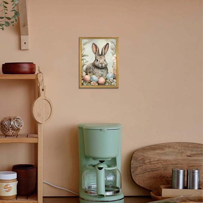 Easter Bunny Wall Art, Vintage Rabbit Canvas Wall Decor, Easter Eggs Poster Print Picture, Spring Farmhouse Animal Painting for Living Room Bedroom Kitchen Holiday Home Decor 8x10 Inch Wood Framed