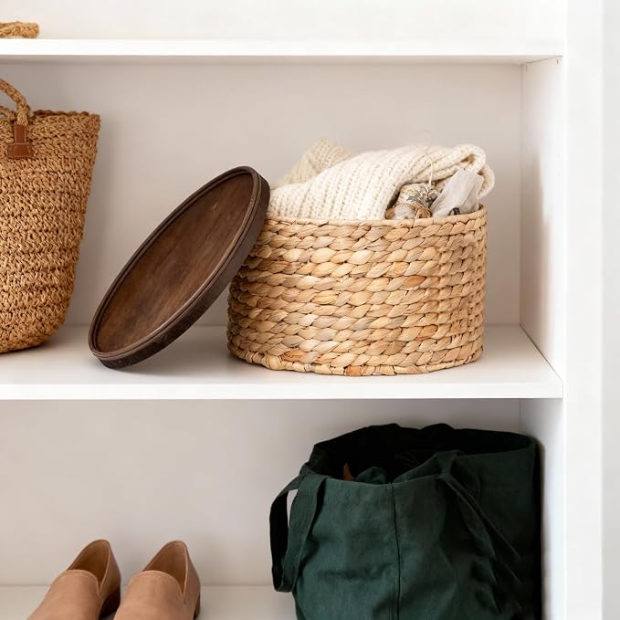Water Hyacinth Storage Basket with Wooden Lid, 10.2" D x 5.1" H Handwoven Round Organizer for Shelf, Closet & Pantry (Medium)