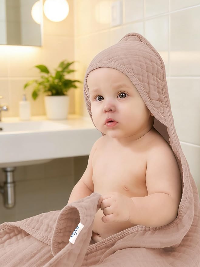 Muslin Hooded Baby Bath Towels - 3 Pack 100% Cotton Ultra-Soft Towels for Newborns, Infants, Toddlers - 32x32 Inch - Highly Absorbent, Quick-Dry Essentials for Bath, Beach, Pool, Bean Paste Series