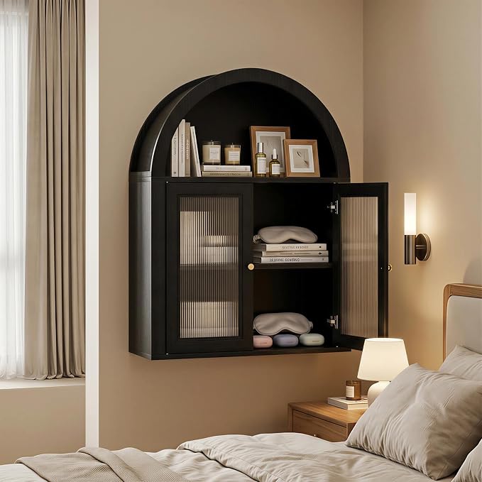 Medicine Cabinet with Arched Top, Bathroom Wall Cabinet Over Toilet with Wave Pattern Tempered Glass Doors and Removable Shelf, Arch Hanging Cabinets for Kitchen, Living Room, Laundry Room, Black
