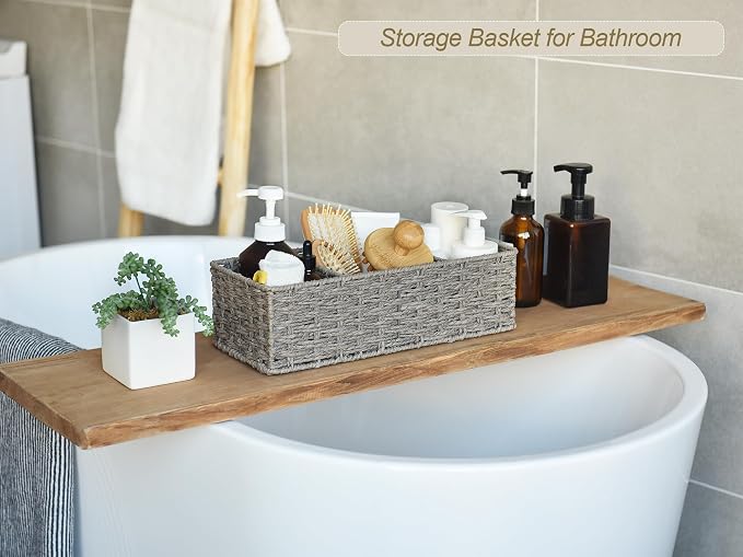 StorageWorks Toilet Paper Basket, Paper Rope Woven Toilet Tank Basket, Gray | Wicker Basket, Toilet Paper Storage for Back of Toilet Tank, Woven Baskets for Shelves, Wicker Baskets with 3 Compartments