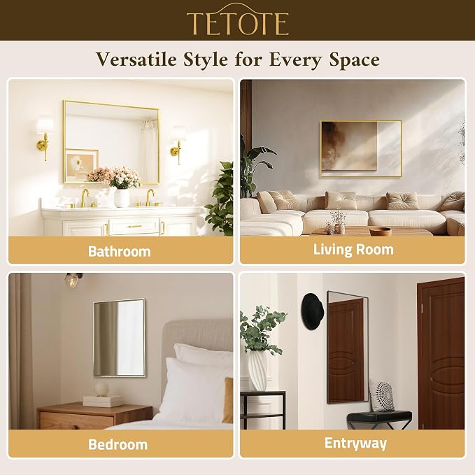 Brushed Gold Mirror Beveled Frame 72" x 36" Large Brass Gold Rectangle Bathroom Vanity Wall Mirror for Over Sink, Modern Farmhouse, Tempered Glass, Shatterproof, Stronger Frame