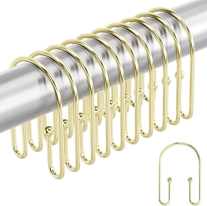 BBV Shower Curtain Hooks Rings, 12 Pcs Rust Resistant Metal Double Glide Shower Hooks for Bathroom Shower Rods Curtains (Gold)