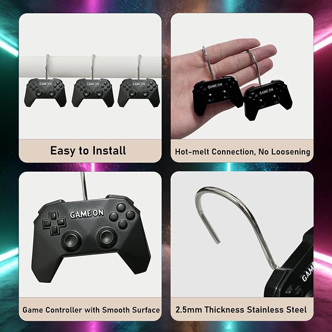 12 Pcs Game Theme Shower Curtain Hooks for Gamers Bathroom Decor | Video Game Controller Curtain Hooks Boys Gaming Bathroom Kids Bedroom Playroom Console Resin and Stainless Steel Hook