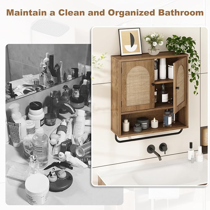 RUSTOWN Rattan Bathroom Wall Cabinet, Boho Medicine Cabinet with 2 Doors | Arched Doors, Farmhouse Over The Toilet Storage Cabinets, Adjustable Shelves, Towel Bar, 3-Tier Wall Mounted Cabinets