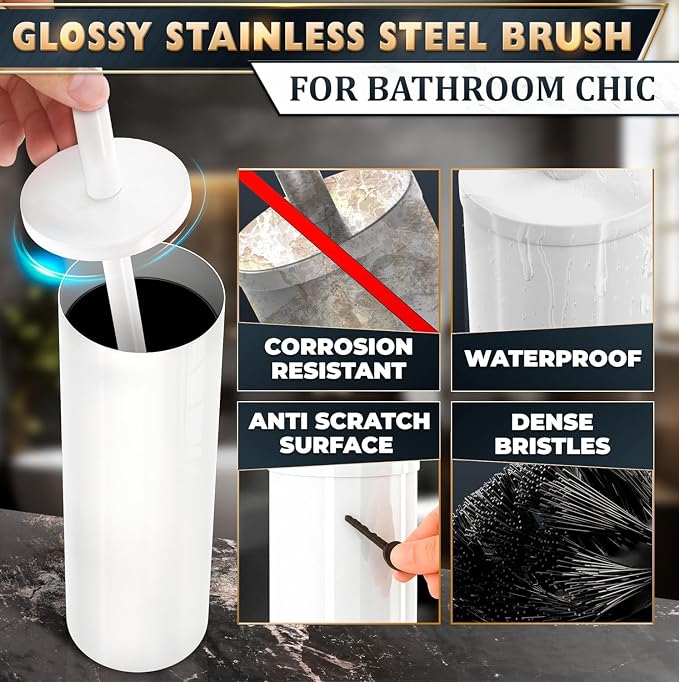 Toilet Brush and Holder Set, Stainless Steel Material (White) | Toilet Brush with Holder Set for Bathroom, Splash Protection & Dense Bristles for Bathroom Cleaning, Removable Inner Bowl