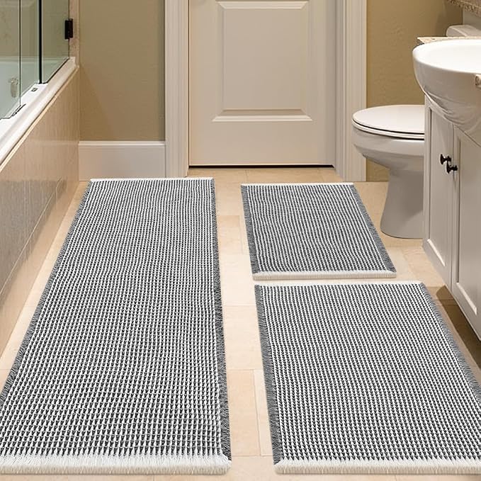 Waffle Bath Mat Set 3 Piece Darkgrey & Cream,Woven Modern Bath Rug Mats, Absorbent Non Slip Bath Floor Mat, Soft Washable Boho Bath Rugs with Tassels for Bathroom, Bedroom, Kitchen, Tub