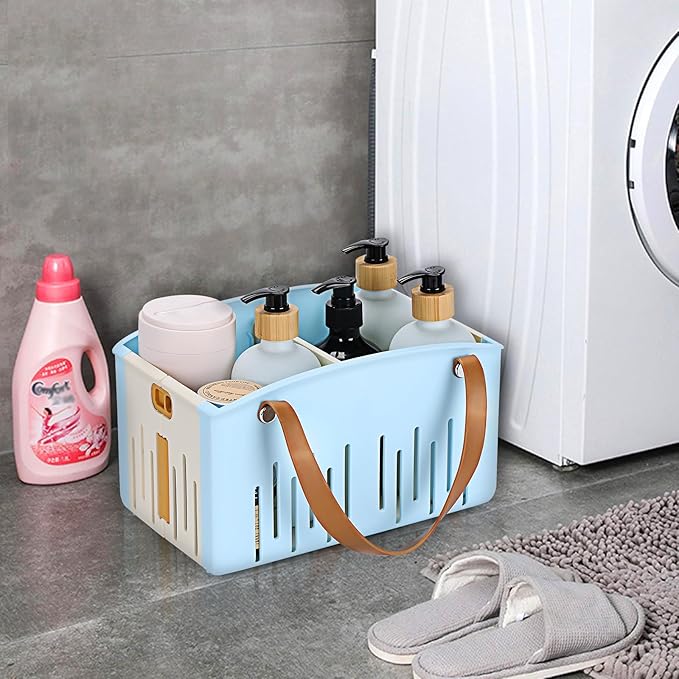 Portable Shower Caddy Collapsible Plastic Shower Basket Tote with Handles Removable Divider, Cleaning Caddy Storage Organizer for Bathroom College Dorm (Blue)