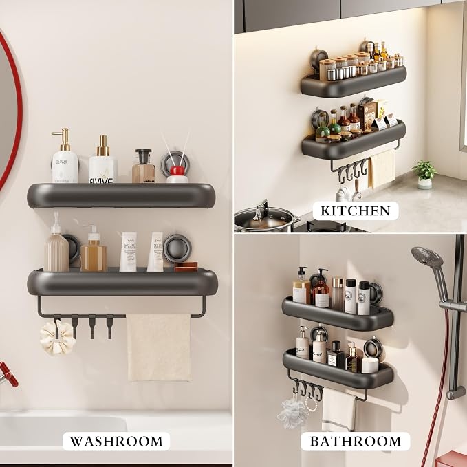 CICUFY Shower Caddy Suction Cup, 1 Pack No Drilling Corner Shower Shelves, Rust Proof Bathroom Storage Organizer, Shower Corner Caddy with Removable Hooks and Towel Bar, Square, Grey