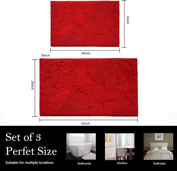 Bathroom Rugs Chenille Bath mat 2 Piece Set, Super Absorbent, Strong PVC Non Slip Backing, Bath mats for Bathroom, Plush Shaggy, Thick, Machine Washable, Bathtub, Toilet.(Red)