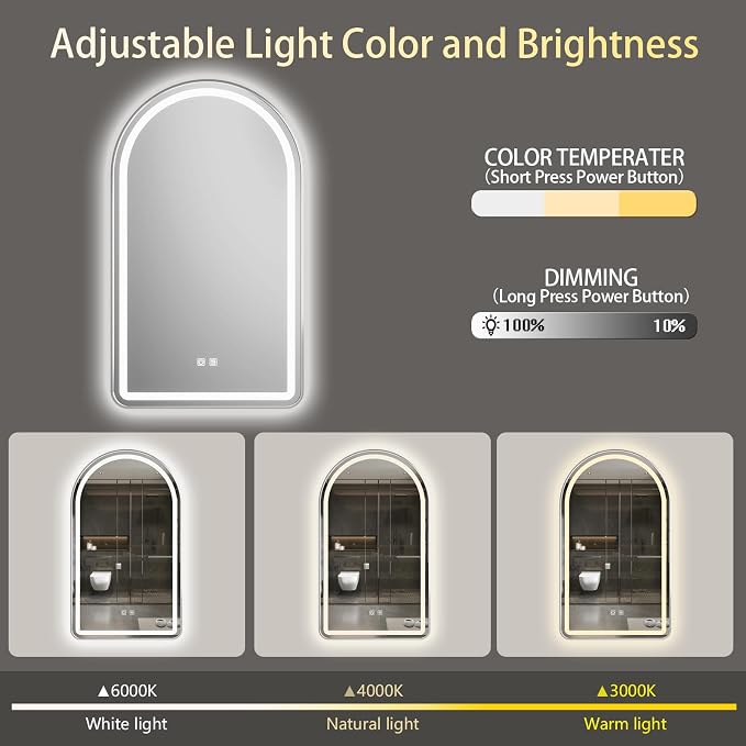 Arched Bathroom Mirror 30"x40", Silver, LED Tempered Glass | arch led bathroom mirror silver wall mounted vanity lighted tempered glass dimmable anti fog metal frame