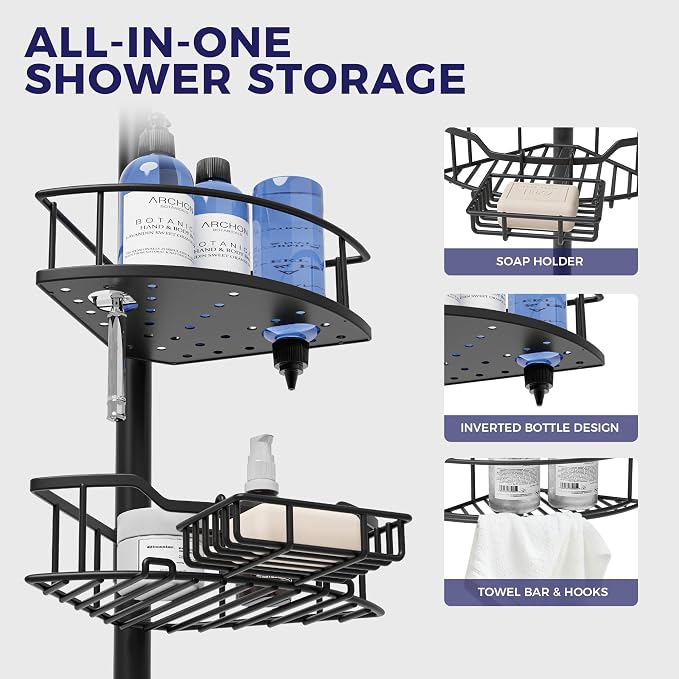 Corner Shower Caddy Tension Pole, 4-Tier Fan-Shaped Adjustable Rustproof Bathroom Organizer Shelves, 47"-125'', No-Drill Quick Installation for Inside Shower, Bathtub, Black (BLACK)