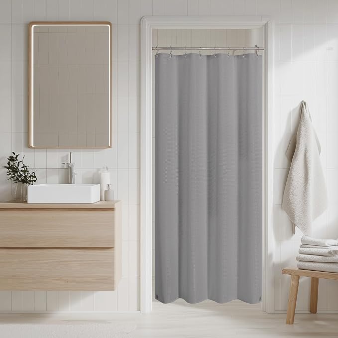 2-in-1 Waterproof Fabric Shower Curtain - No Separate Liner Needed, Hotel-Style Waffle Weave, Effortless Cleaning & Washable Bathroom Shower Curtain Set,54Wx78H,Grey