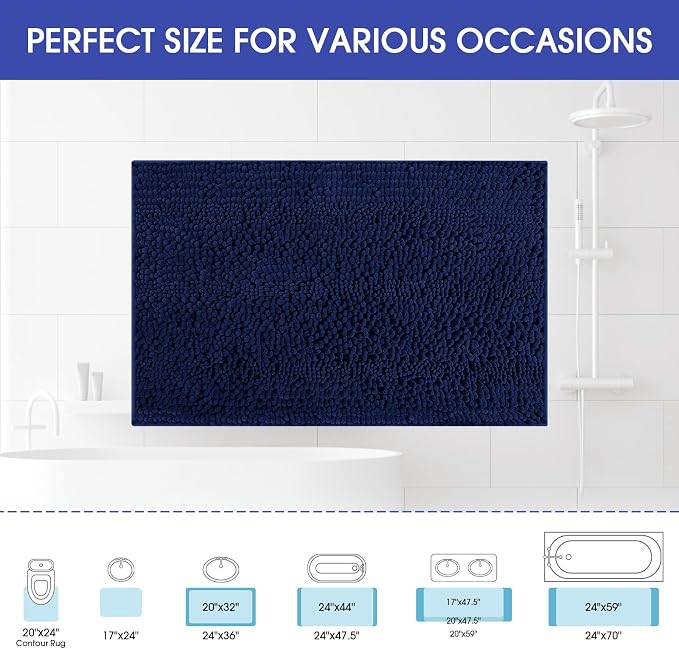 Striped Navy Blue Bathroom Rug Mat 44"x24" Ultra Soft, Non Slip Chenille Bath Rugs, Absorbent Plush Shaggy Bath Mats for Bathroom, Bedroom, Kitchen, Shower, Tub