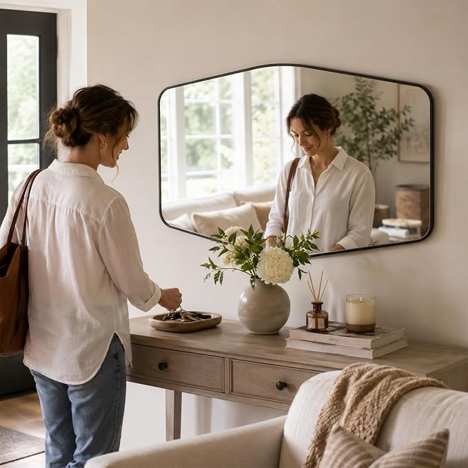 Matte Black Tapered Rectangle Bathroom Mirror, 24x36 Inch | Aluminum alloy frame, tempered glass, two-way keyhole mount, for bedroom, hallway, console