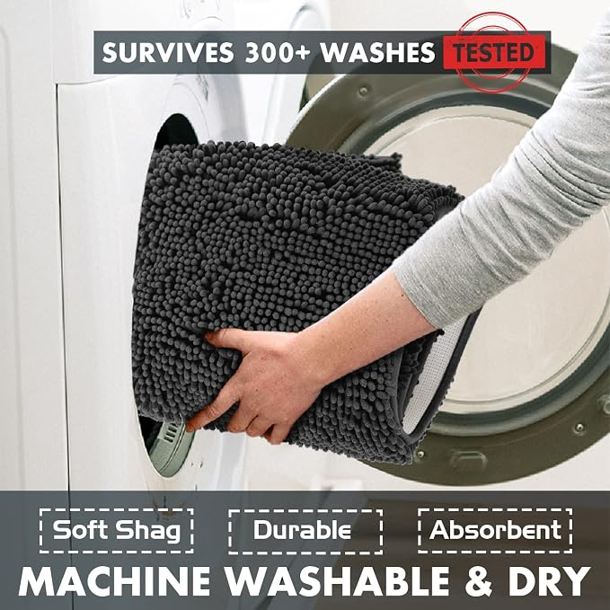 LuxUrux Bath Mat, Extra-Soft Plush Non-Slip Bathroom Rug, Luxury Chenille Microfiber Material, Super Absorbent Shaggy Bath Rug. Machine Wash & Dry (17 x 24 inches, Black)