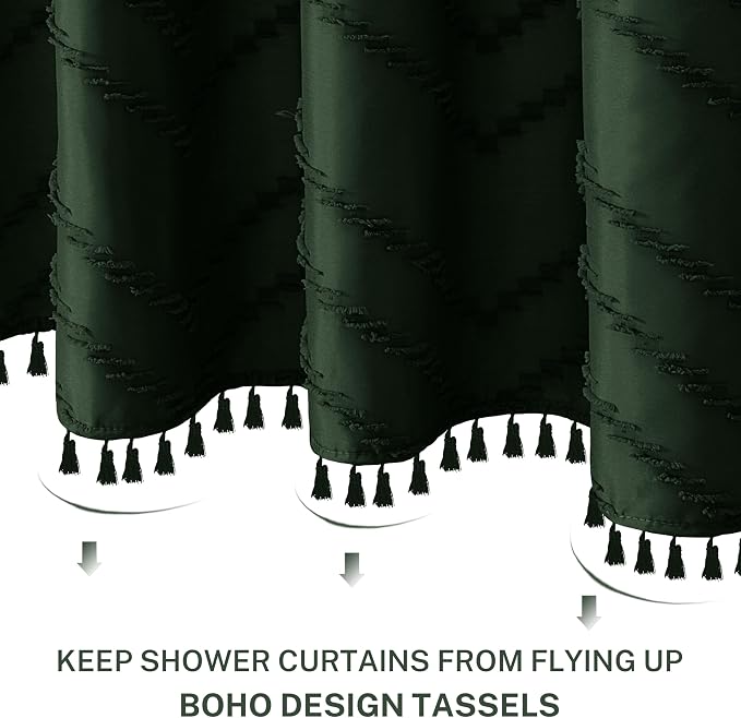 Siiluminisoy Dark Green Boho Shower Curtain with Tassel Woven Fabric Shower Curtain 72 x 72 Modern Farmhouse Textured Tufted Chevron Striped Minimalist Shower Curtains for Bathroom