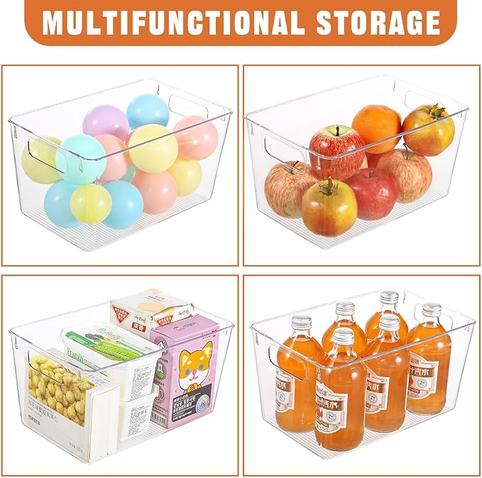 Freebat 12 Pack Pantry Organization and Storage,Clear Plastic Storage Bins | Large, Cabinet Organizer, Clear Plastic Storage Containers with Handle,Acrylic Storage Bins for Cabinet, Fridge