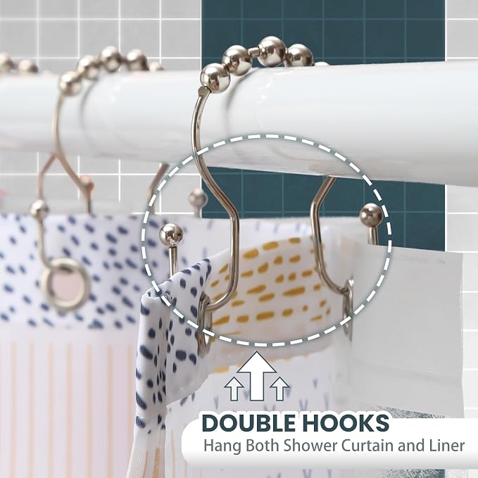Shower Curtain Hooks, OEH Shower Curtain Rings, Metal Shower Curtain Rings Rust Proof, Smooth Gliding Metal Shower Curtain Hooks Rust Proof, Double Double Shower Rings for Curtain, 12 Pcs, Nickel