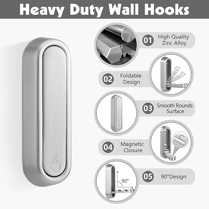 Foldable Wall Hook, Silver, 4 Pack, Screw Mounted, Heavy Duty Coat Hooks | 90° Foldable Design, Wall Mounted, Zinc Alloy, Flip-Down Design, Includes Screws And Anchors, For Bedroom, Entryway, Closet