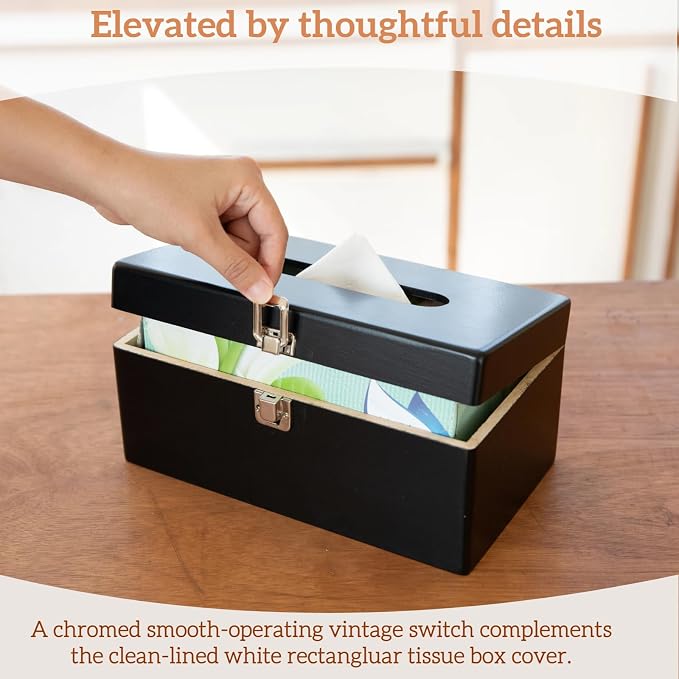 Black Rectangle Tissue Box Cover with Metal Switch, Rectangular Tissue Box Holder with Lid, Solid Wood Countertop Bathroom Accessories, Office Decor, Home Decor for Bathroom Room