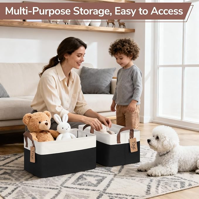 CHICVITA 4 Pack Foldable Closet Storage Baskets, Black & White | 14.8 × 10.3 × 8.3 in, Metal Frame, Leather Handles, Shelf Organization, Towels, Clothes, Linens & Toys Storage