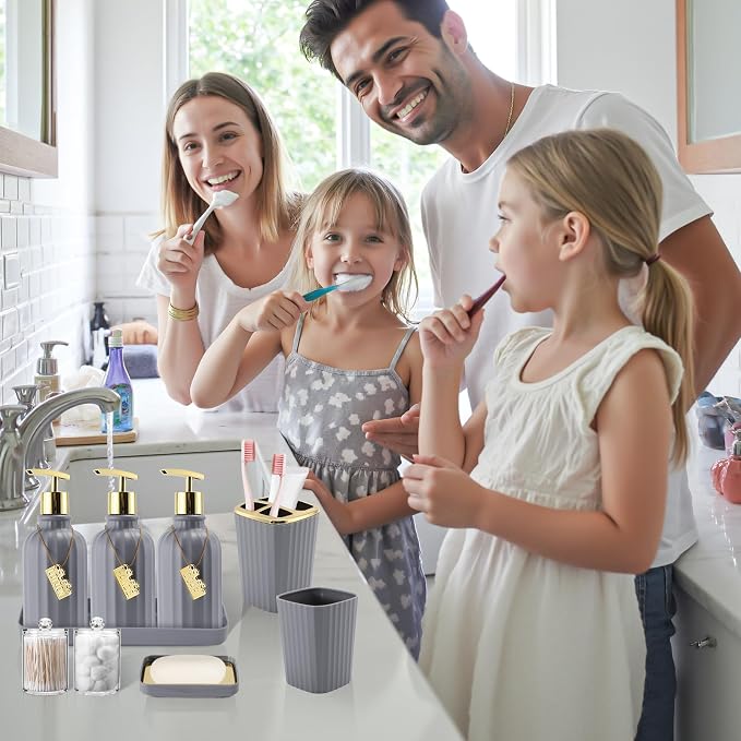 21PCS Bathroom Sets with Shower Curtain and Rugs Bathroom Accessories Set Gray Bathroom Set Complete with Trash Can, Toilet Brush, Qtip Holder & 3PCS Soap Dispenser