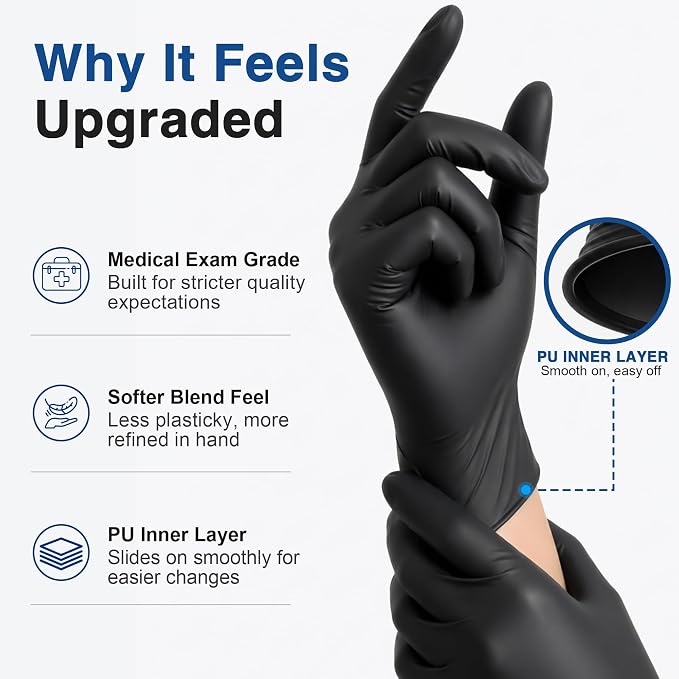 Schneider Medical Nitrile/Vinyl Blend Exam Gloves, Black Disposable | Latex&Powder free, Food Safe, Cleaning, Exam, Cooking, Food Prep, BBQ, Comfortable Fit, Ambidextrous, Unisex