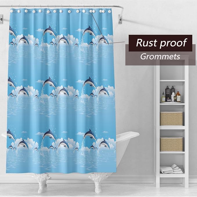 TIKABC Shower Curtain Liner, 4G PEVA Blue Dolphin Shower Liner, Plastic Waterproof Shower Curtains, 72x72 inch with Grommet Holes 3 Magnetic Weights