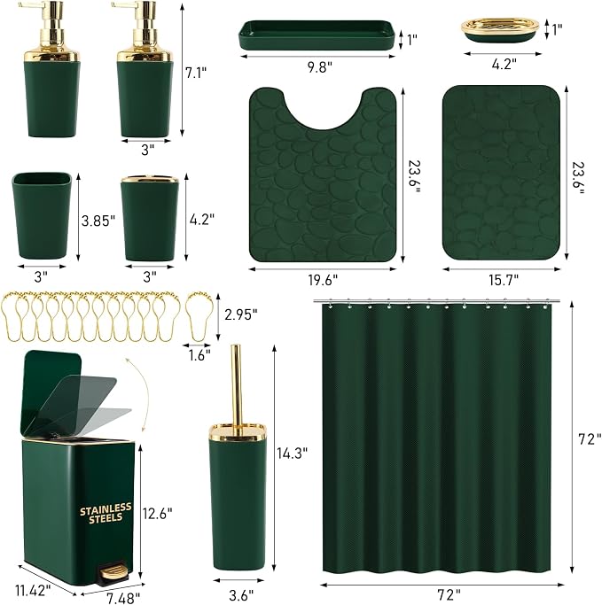 Bathroom Sets with Shower Curtain and Rugs Bathroom Accessories Set Dark Green Bathroom Set,Soap Dispenser & Toilet Brush Holder Set with Stainless Steel Trash Can(23 PCS)
