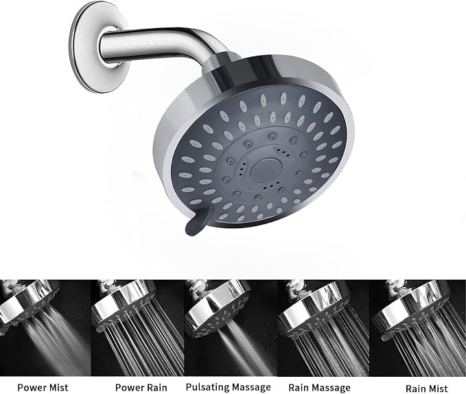 AISOSO High Pressure Rain Shower Head 5 Modes Showerhead 4.1 Inch Chrome | Low Water Pressure Compatible, Powerful Spray Fixed Showerhead for a Relaxing Indoor & Outdoor Shower