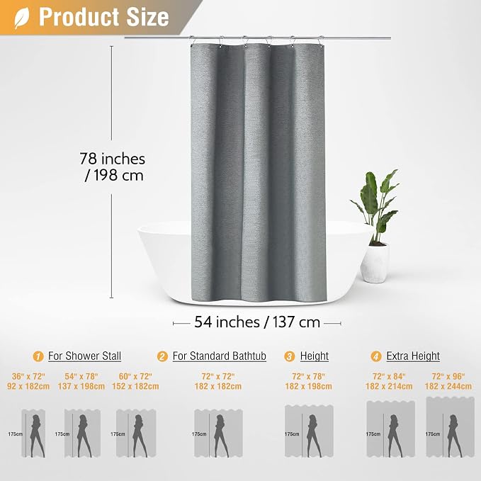 54x78 Linen Textured Waterproof Fabric Shower Curtain Set, Grey/Gray | Narrow Long Size, 230GSM Polyester, Heavy Duty Cloth, Weighted Hem, 10 Hooks, Modern Luxury Hotel Style, Machine Washable