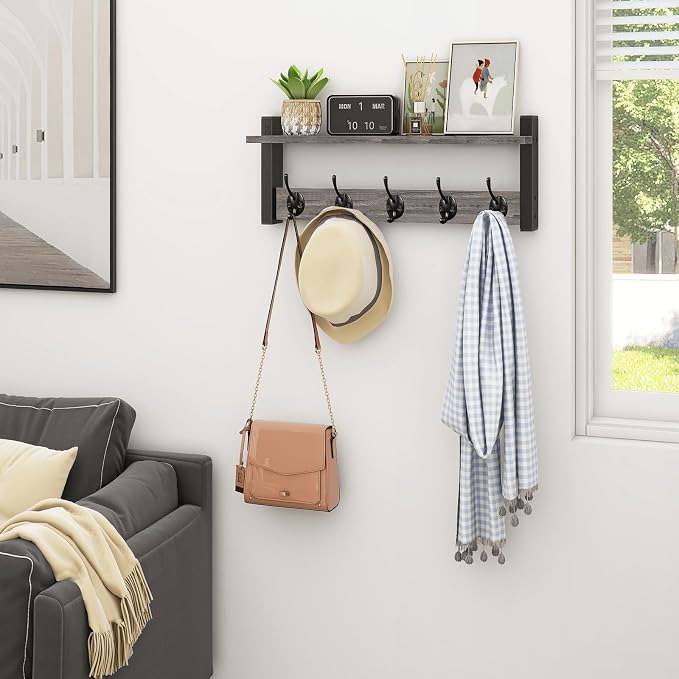 Wall Hooks with Shelf, Coat Rack Wall Mount, Entryway Shelf with Hooks for Clothes, Backpack, Key, Purse - Rustic Grey