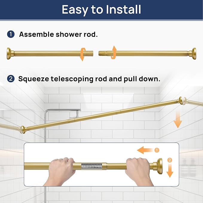 ENJOYBASICS 1" Gold Shower Curtain Rod, 30-52" Adjustable, Secure Tension | Easy No-Drill Installation, No Tools, No Gaps, Sturdy Rust-Resistant Steel, Sag-Resistant Design, Tubs, RVs, Apartments