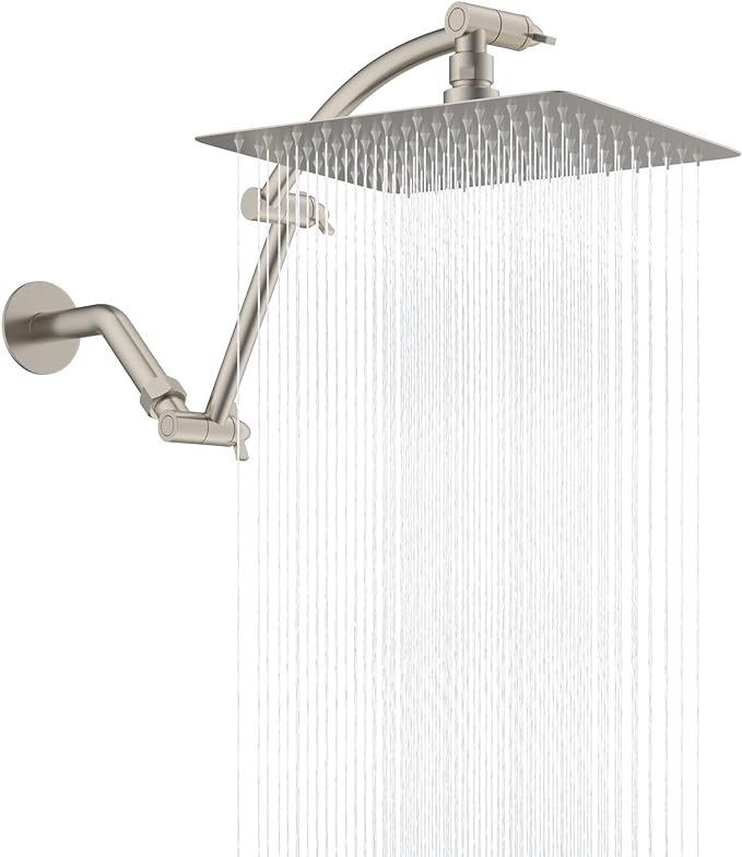 Hibbent All Metal 10'' Rain Shower Head, 16'' Extension Arm, Brushed Nickel | cUPC Certified High Pressure Rainfall Showerhead with Solid Brass Adjustable Shower Head Extension Arm, Fixed Showerheads