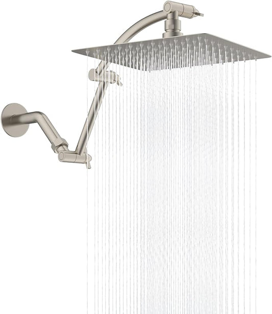 Hibbent All Metal 10'' Rain Shower Head, 16'' Extension Arm, Brushed Nickel | cUPC Certified High Pressure Rainfall Showerhead with Solid Brass Adjustable Shower Head Extension Arm, Fixed Showerheads