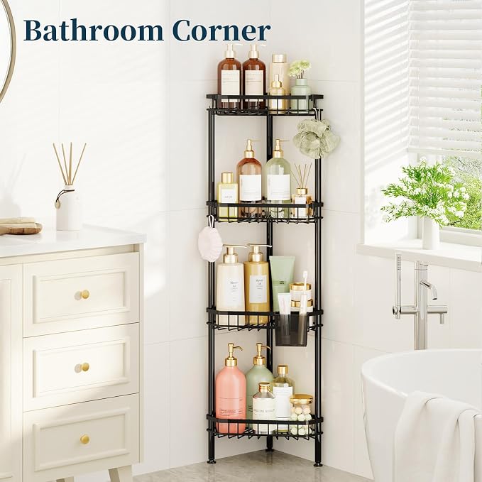 Consumest Corner Shower Caddy Stand - Rustproof Bathroom Organizer&Storage | 4 Tier Shower Shelves for Inside Shower, Stainless Steel Corner Shelf with Soap Holder, 4 Hooks, Brush Holder, Black