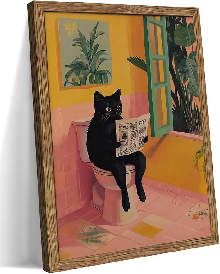 Funny Cat Bathroom Wall Art, Cute Black Cat Sitting on Toilet Reading Newspaper Wall Decor Painting, Whimsical Animal Canvas Artwork Prints Pictures for Bathroom Restroom 12x16 Inch Framed