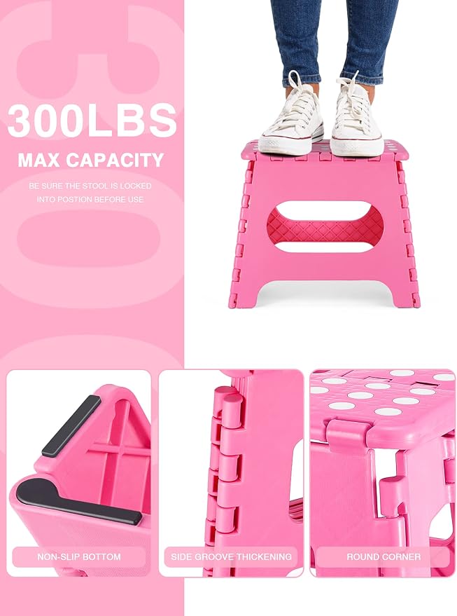 Dyforce Kids Step Stool 11 Inch, 300lbs Folding Step Stool for Adults | Toddler Step stool Pink,Anti-slip Heavy Duty with Carry Handle, Lightweight Foldable Stool for Bathroom Kitchen Bedroom