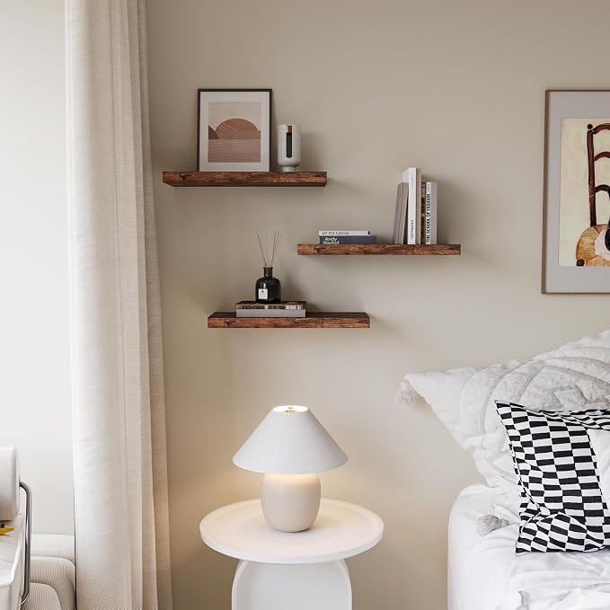 Floating Shelves for Wall Set of 3, 16" Rustic Brown Floating Shelves | Rustic Brown Wood Grain, Sturdy Load-bearing, Freely Combinable Layout, Wall Art Display