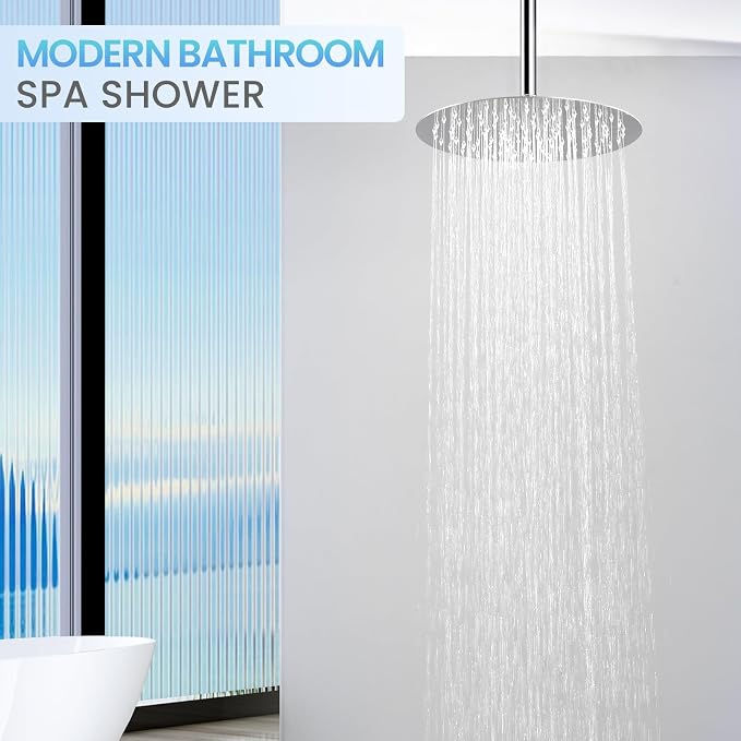 12 inch Ceiling Rainfall Shower Head Chrome - All Metal Stainless Steel Full Body Round Rain Shower with 120 Silicone Nozzles Modern Bathroom