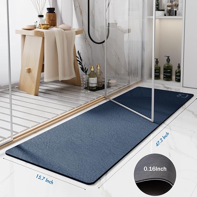 RUERYA Navy Long Bathroom Rugs Large Stone Bath Mats for Bathroom,15.7"x47" | Non Slip Rubber Backed Quick Dry Super Absorbent Diatomaceous Earth Bath Mat Extra Long Thin Diatomite Bathroom Mat Runner