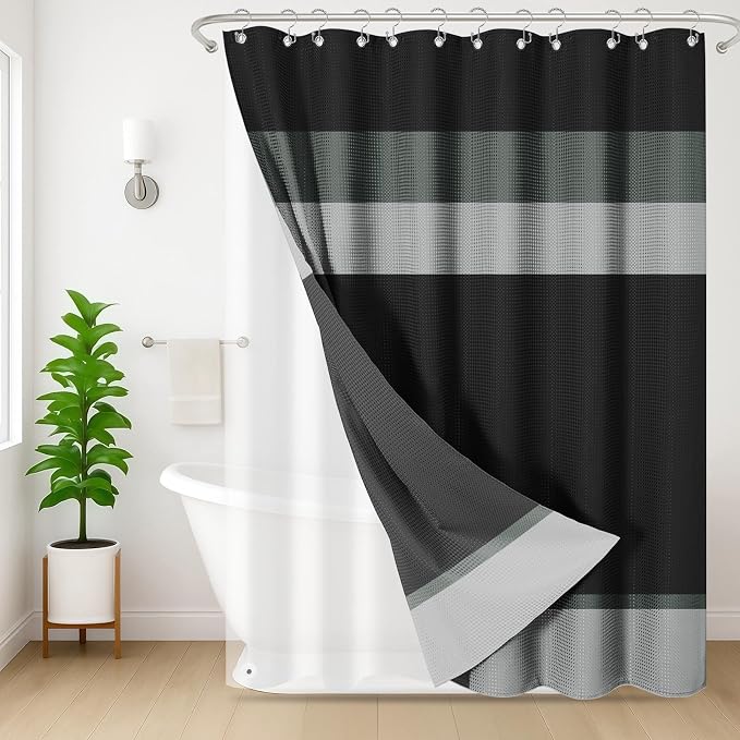 3 in 1 Shower Curtain and Liner,72 x 72 inch, Black Striped | Grey Geometric Shower Curtain and PEVA Liner Set with 12 Rust-Resistant Metal Hooks, Waterproof Fabric Curtains for Bathroom