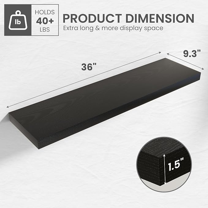 36 in Floating Shelves for Wall Decor Color Black,Pack 2 | Modern floating shelves for living room,bedroom,kitchen and bath.Organize & display books,photos and decor.easy mount,sturdy.