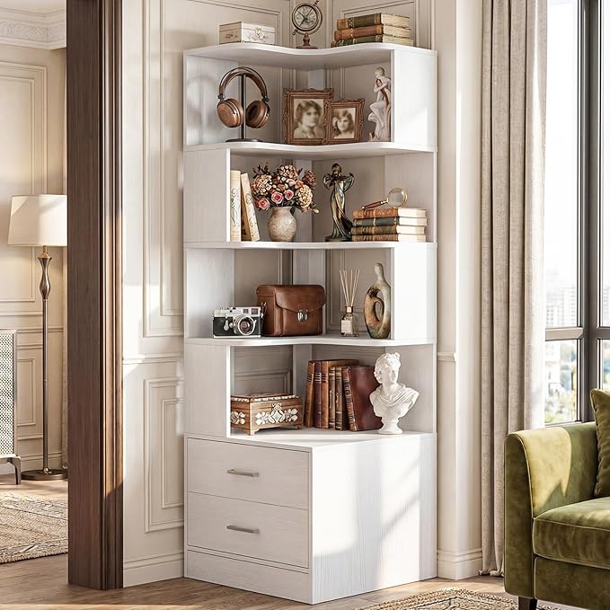 Corner Book Shelf with Drawers, Small Corner Shelf with Drawers | L Shaped BookShelf 6-tier Bookcase for Bedroom Storage, Living Room, Home Office, Kitchen Pantry, White