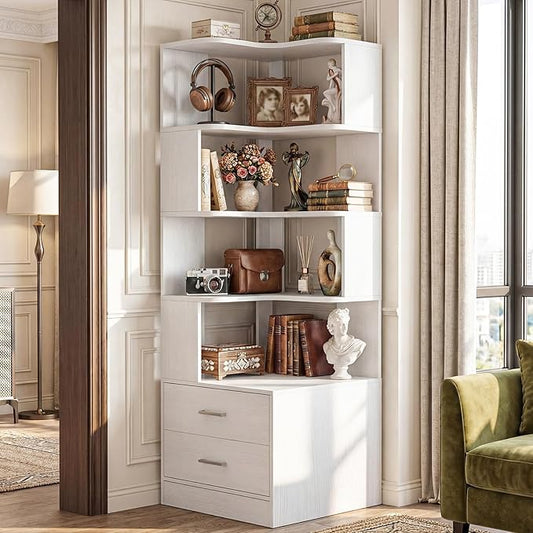 Corner Book Shelf with Drawers, Small Corner Shelf with Drawers | L Shaped BookShelf 6-tier Bookcase for Bedroom Storage, Living Room, Home Office, Kitchen Pantry, White