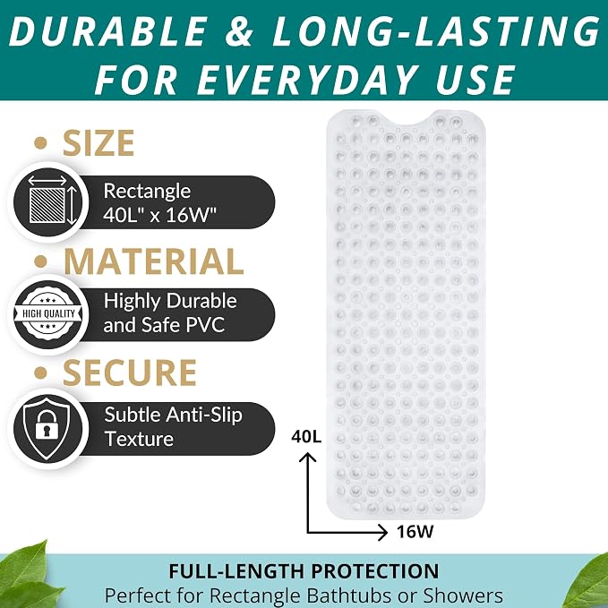 ENKOSI Non-Slip Bath & Shower Mat 40x16 Extra Long, Suction & Drain Holes | Clear look; Durable PVC; 40x16 in, Clear