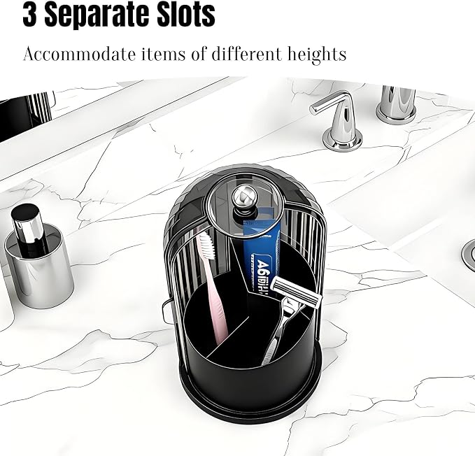 JEESA Dustproof Toothbrush Holder with Cover, All Black | 360° Rotating, 180° Sliding Lid, 3 Slots, Toothbrush Organizer, for Bathroom Countertop