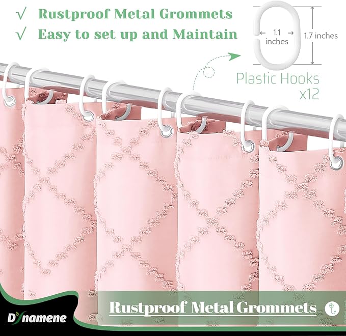 Long Boho Farmhouse Shower Curtain Tufted Geometric 72"x78" Pink | 78 Inch Tall, Elegant Tassel, Lightweight Textured Fabric, Water Repellent, Washable, Hotel Spa, for Bathroom/Dorm 12 Hooks