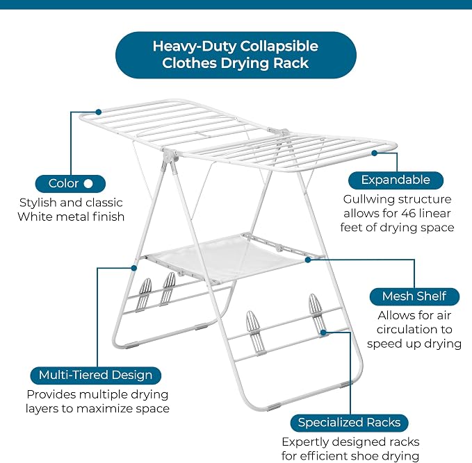 Honey-Can-Do Heavy-Duty Gullwing Clothes Drying Rack, 50 lb, White | Gullwing rack adds 46 ft of drying space with dedicated shoe bars. Sturdy metal, 50 lb capacity, folds flat.